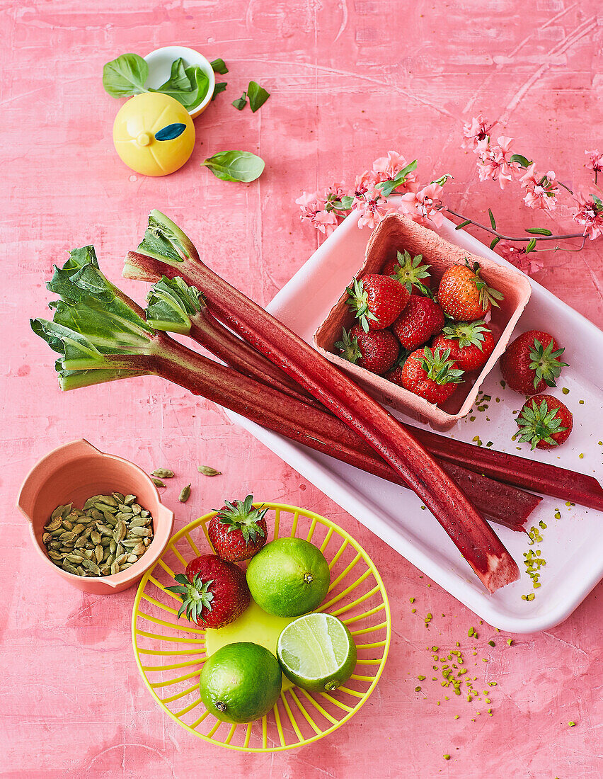 Rhubarb, strawberries, limes and cardamom
