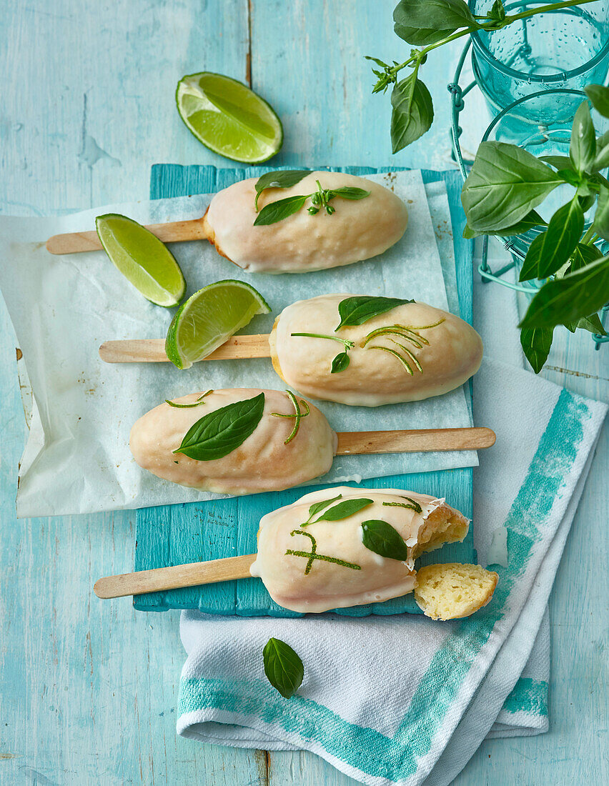 Lime and yogurt cake pops with basil glaze