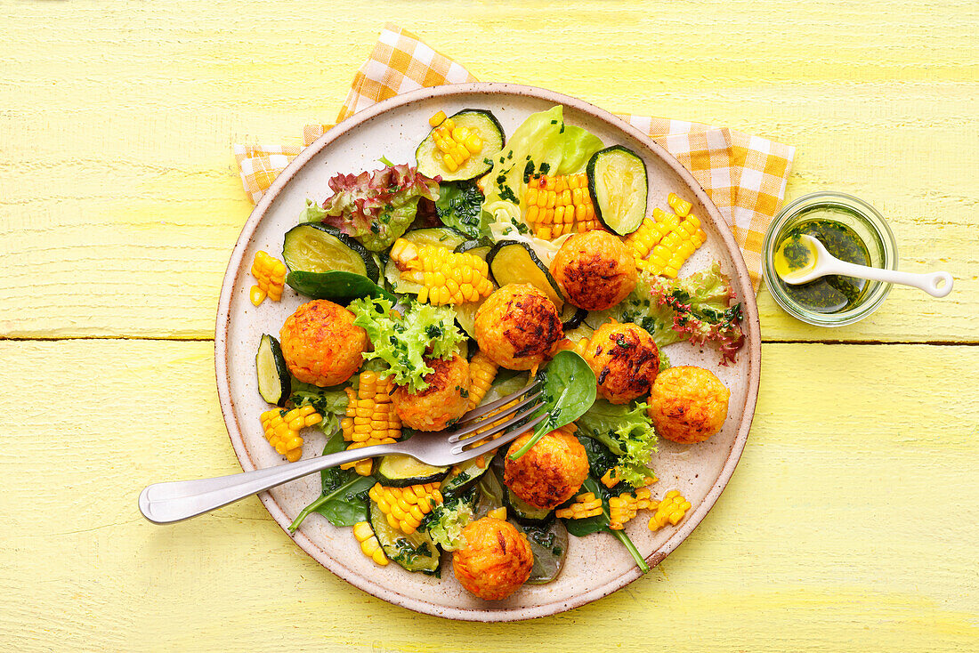 Roasted corn salad with bulgur balls