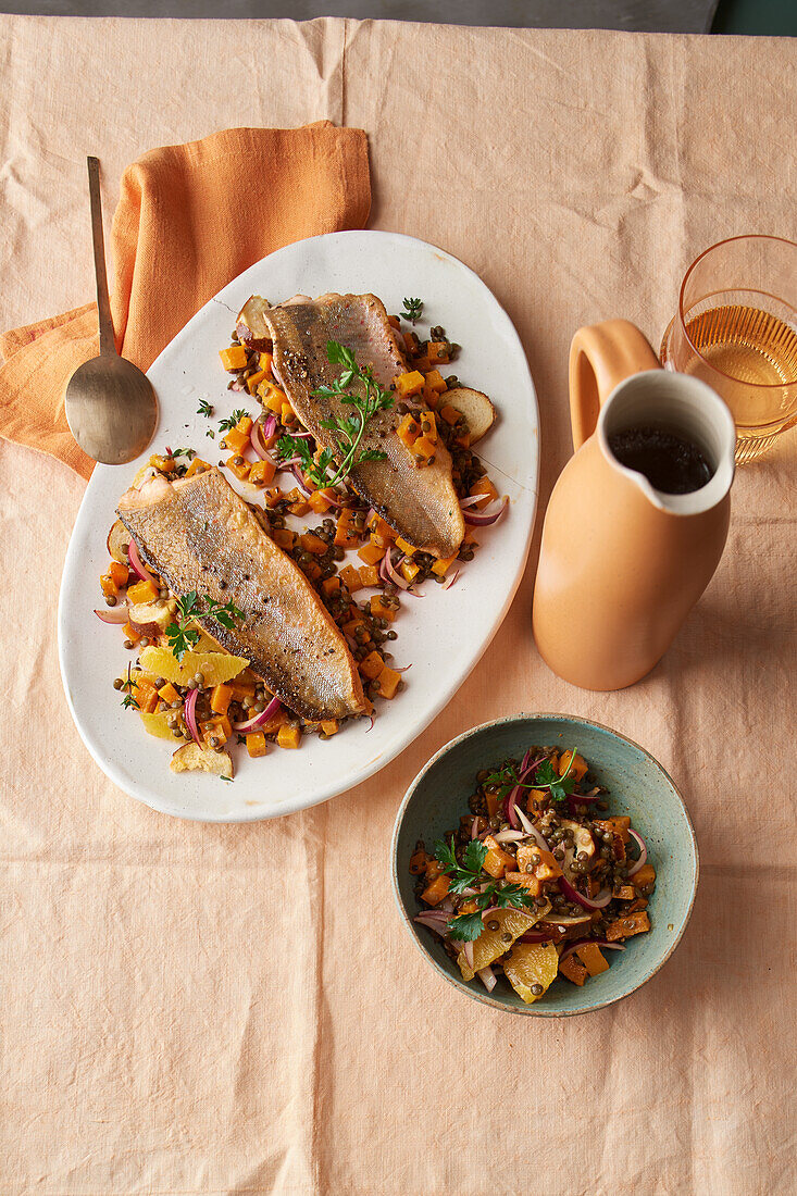 Char with lentil and pumpkin salad