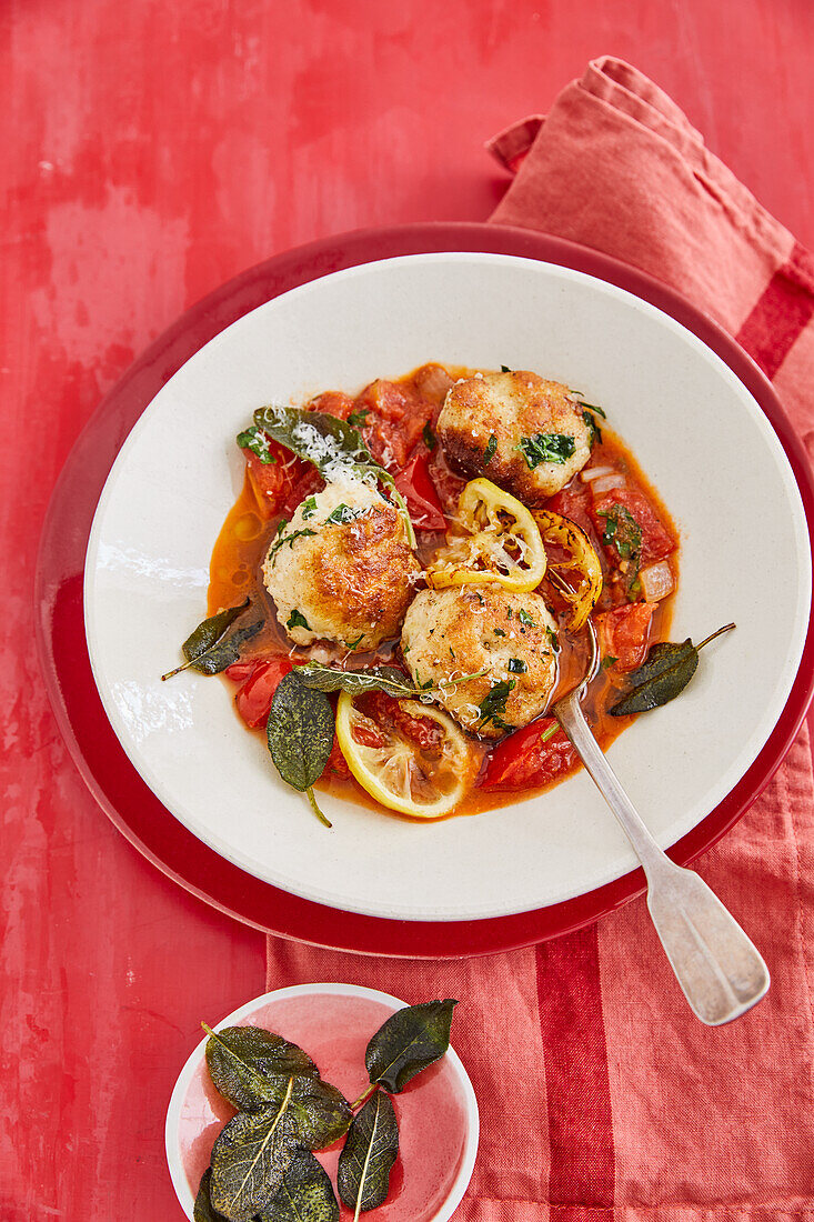 Ricottabällchen auf Tomatensauce mit crispy Salbei