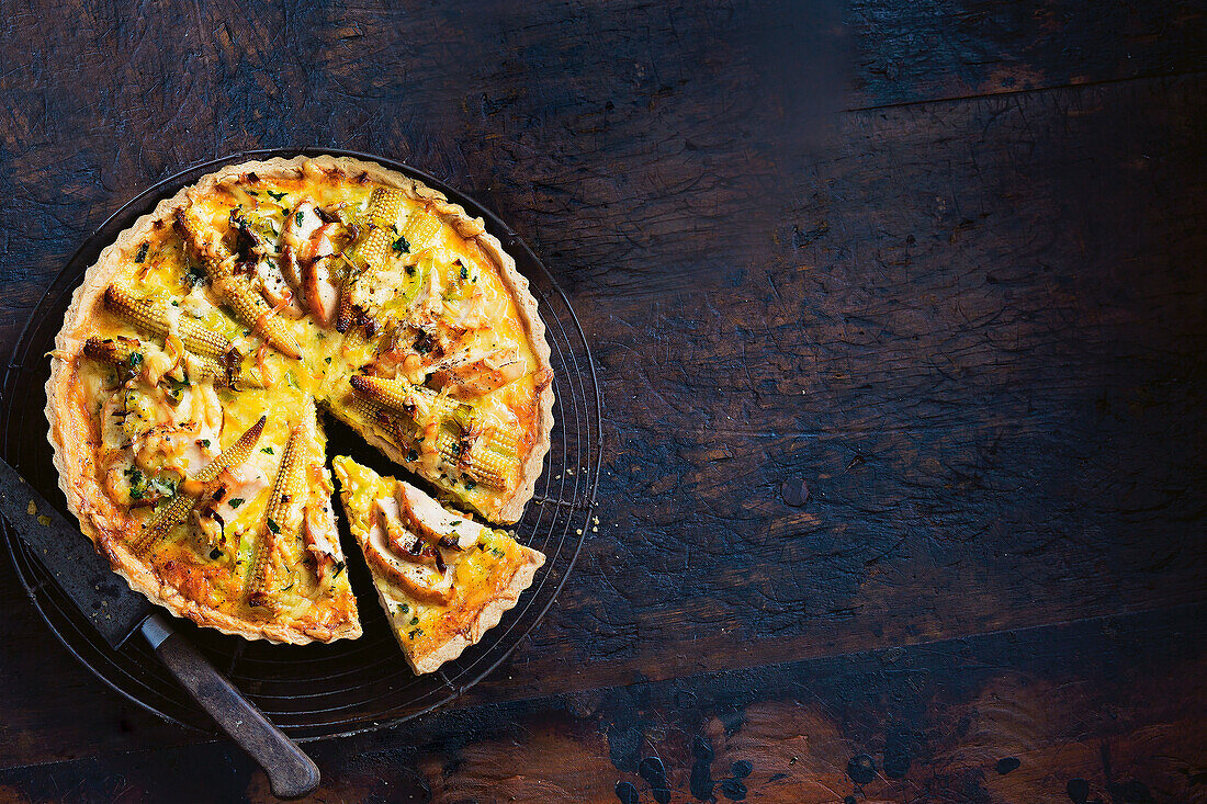 Chicken and leek tart with baby corn