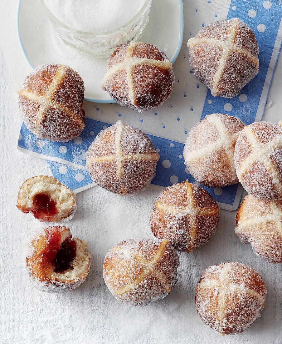 'Hot Cross Bun' jelly filled donuts