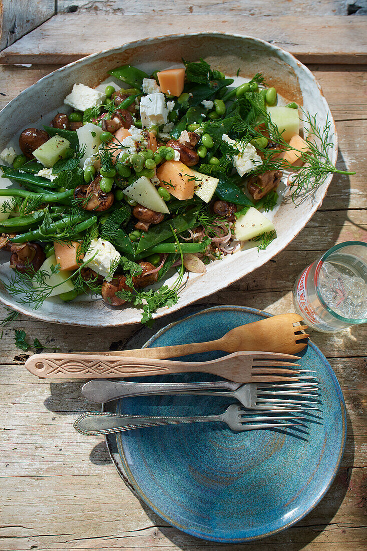 Mixed bean salad with edamame, melon and sheep's cheese