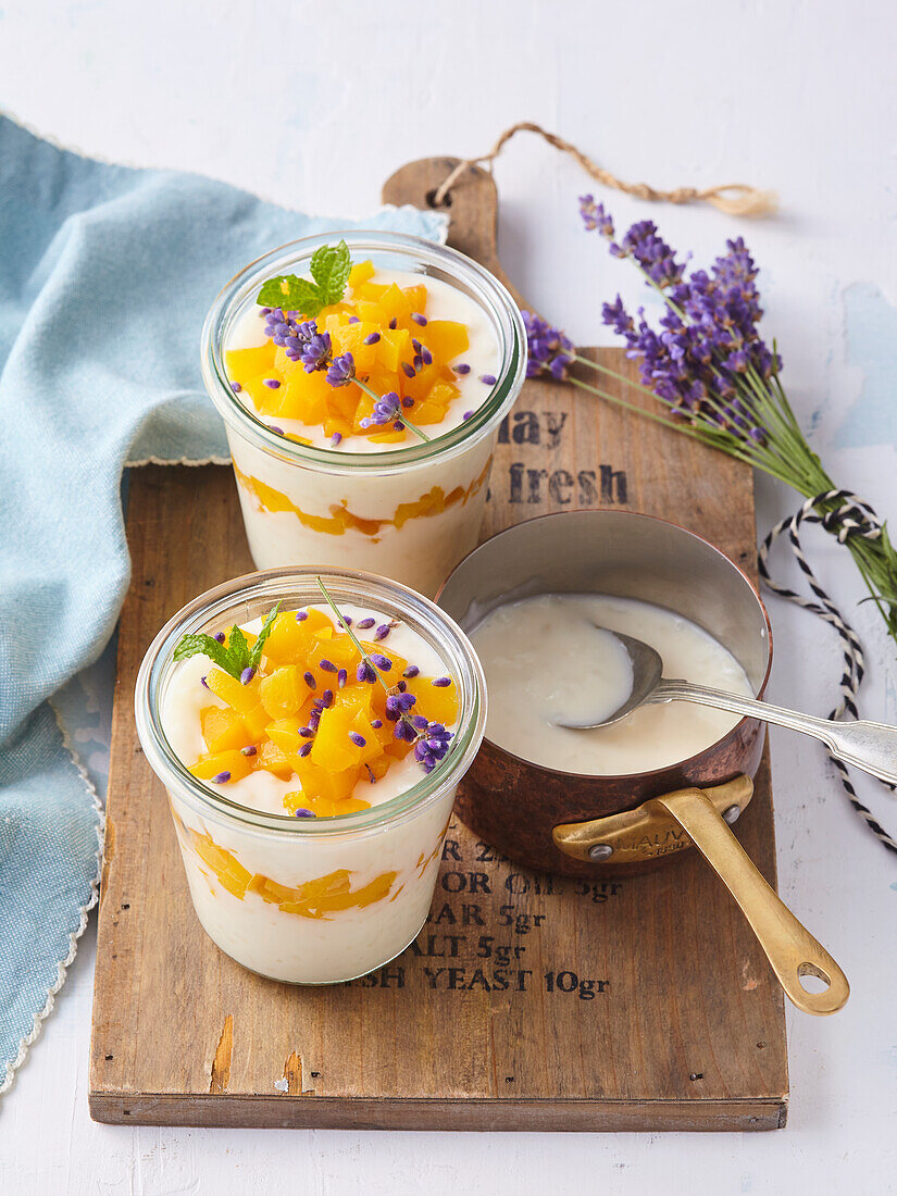 Rice pudding with peach and lavender