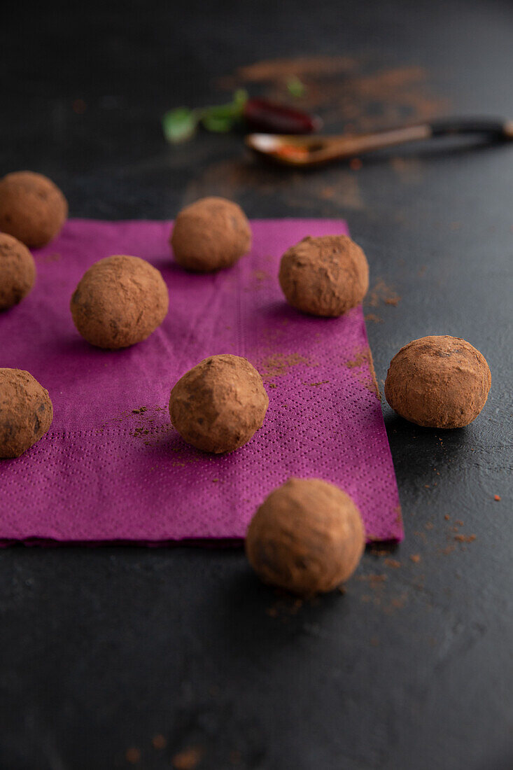 Fiery chili truffles coated with cocoa powder