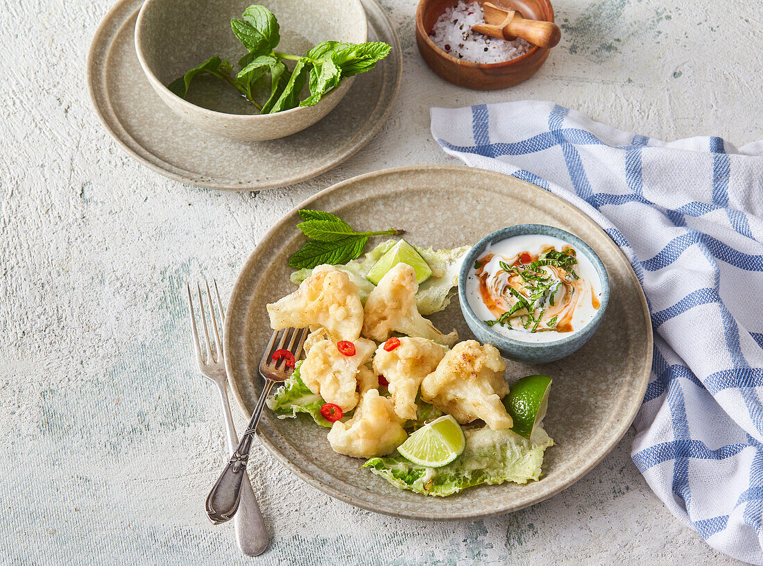 Tempura-Blumenkohl mit Kräuter-Joghurt