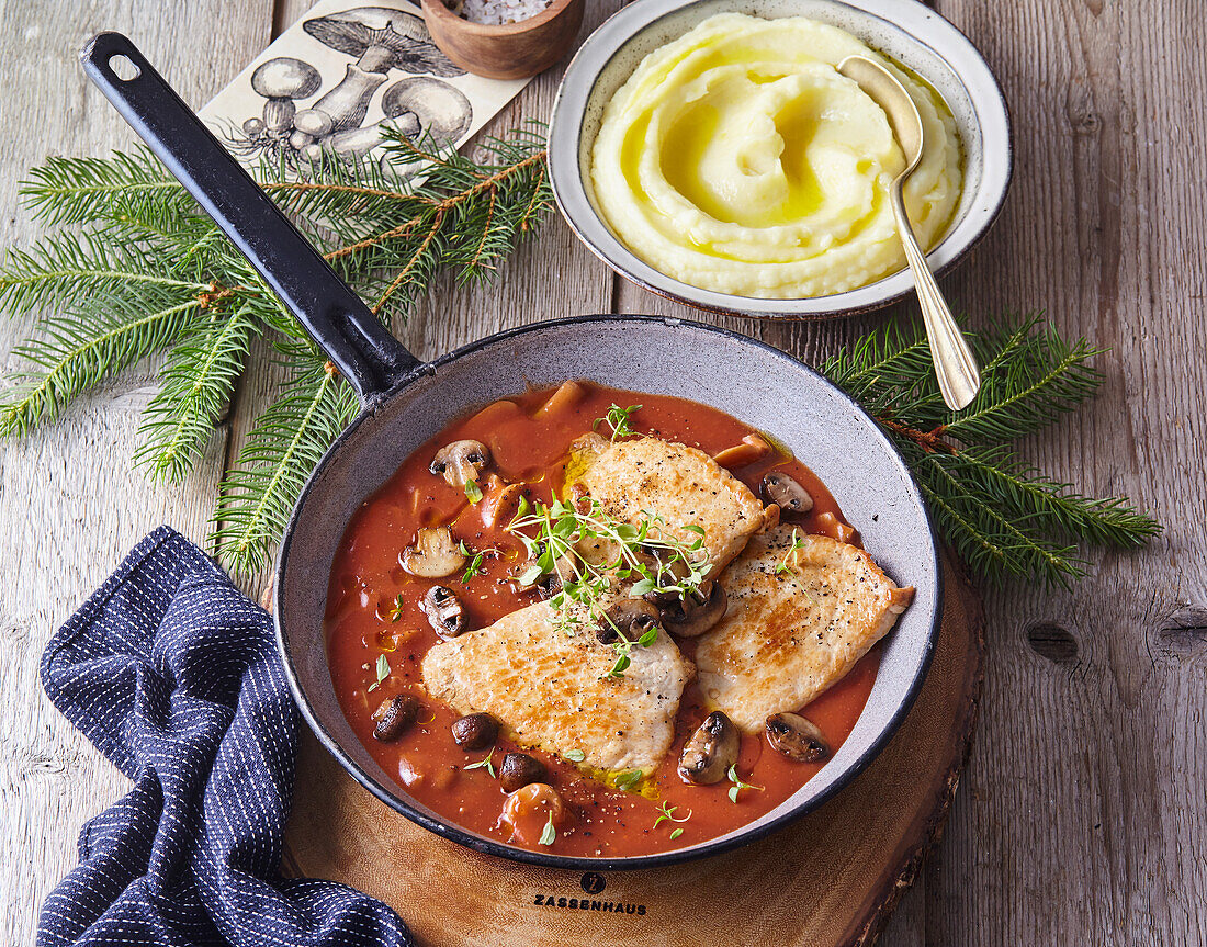 Pork chops with tomato sauce and mushrooms