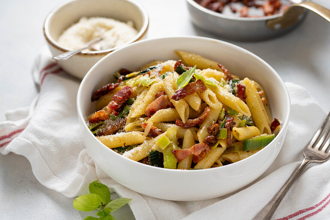 Bacon and leek penne with parmesan