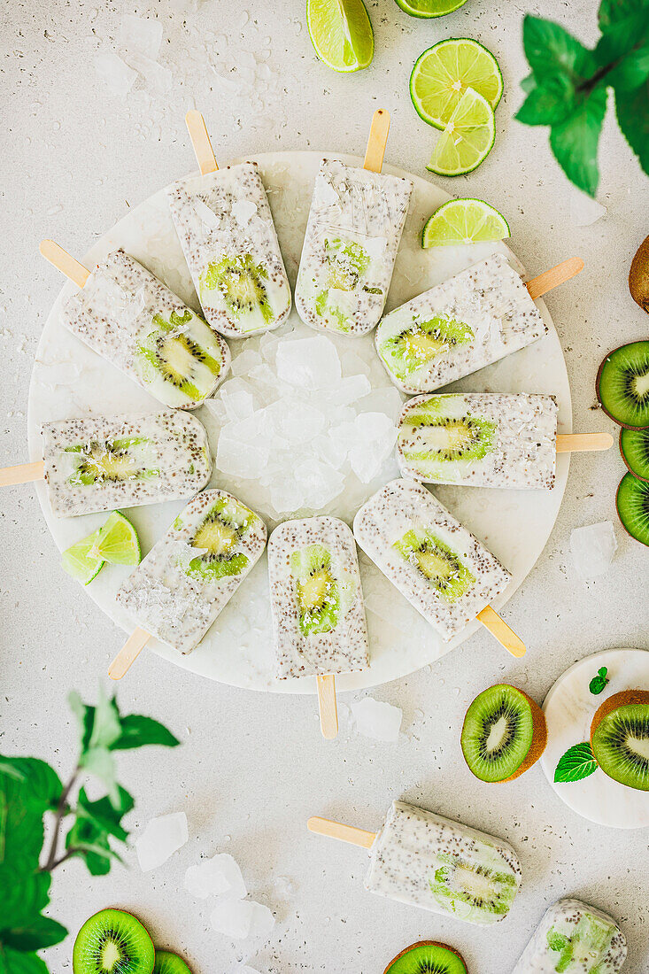 Kiwi coconut popsicles with chia seeds