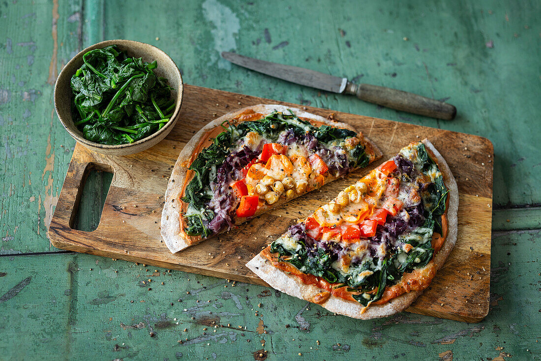 Rainbow pizza with quark dough and whole wheat flour