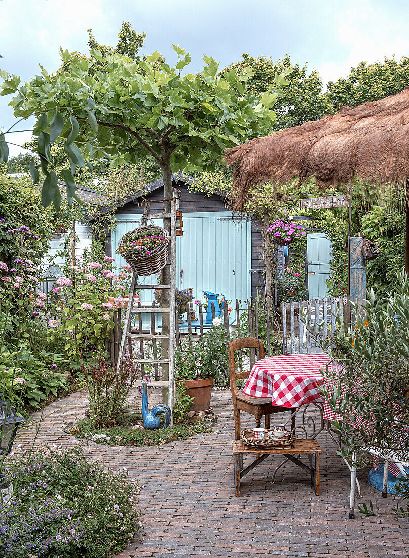 Seating area in the garden with red and white checkered table, plants and wicker furniture