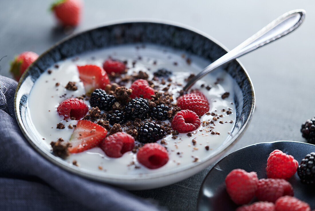 Yogurt dessert with berries and chocolate granola
