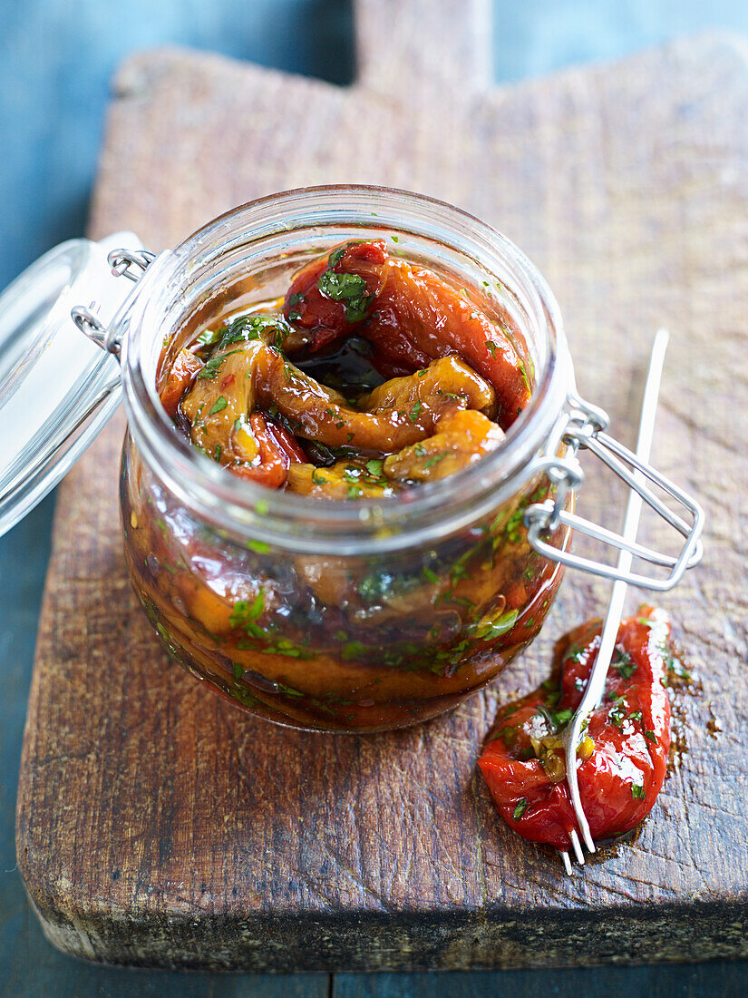 Pickled grill peppers with herbs