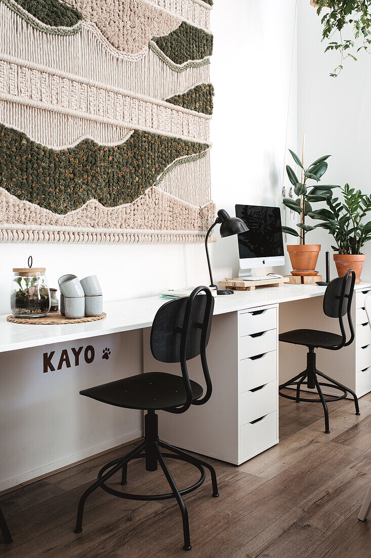 Home office with computer desk, wall decor and houseplants