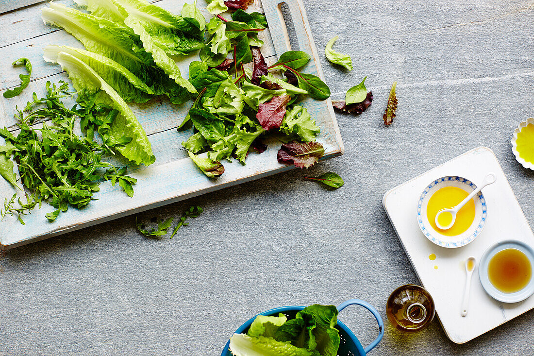 Salad and dressings in preparation