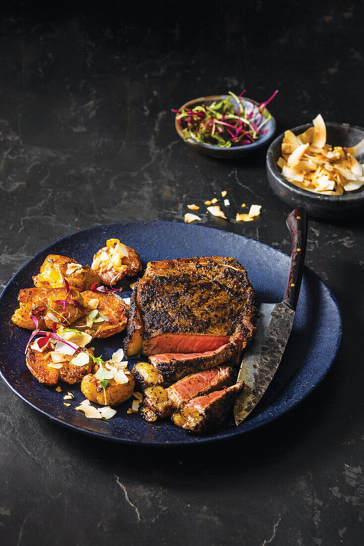 Steak with chili, espresso and chocolate rub and crushed potatoes