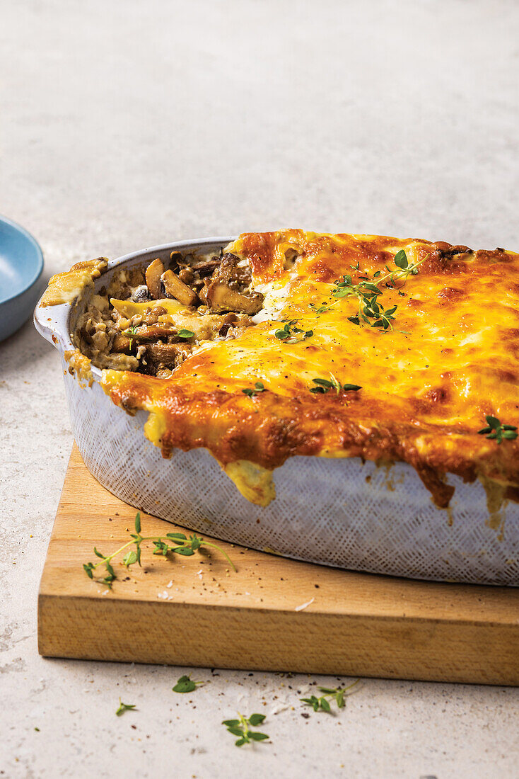 Mushroom and lentil lasagna with aniseed, coriander and chili flakes