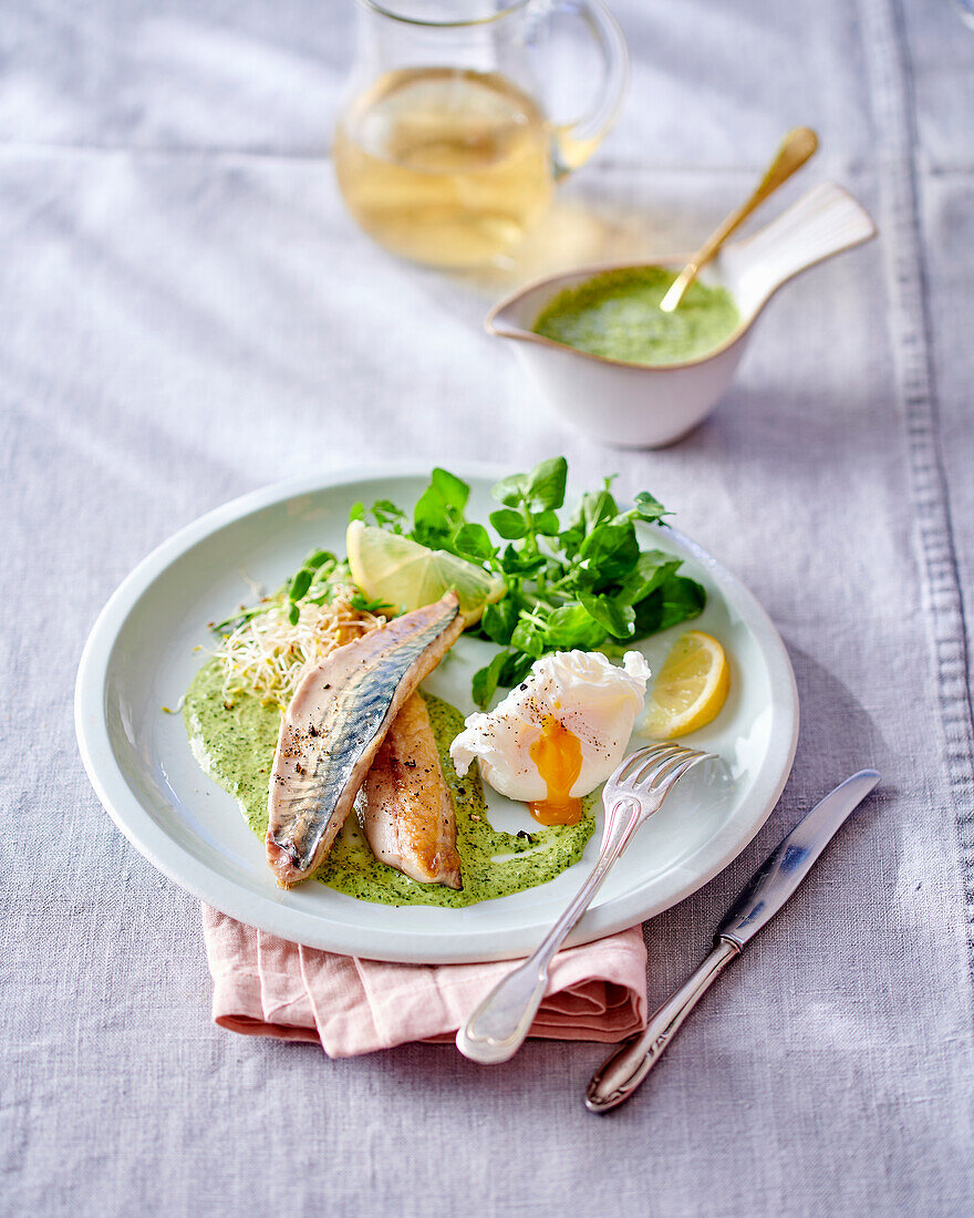 Mackerel on watercress sauce with poached egg