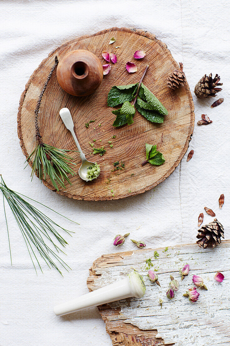 Still life with mint, pine and rose petals for a perfume scent