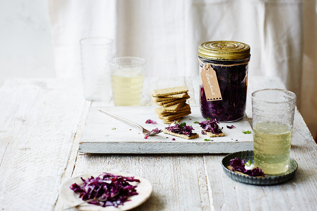 Pickled red cabbage with oat biscuits and kefir