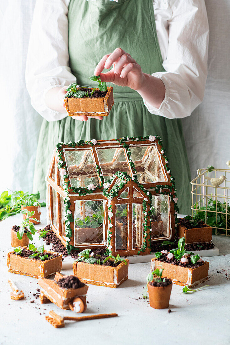 Gingerbread house for spring with edible chocolate soil
