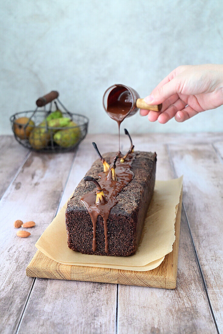 Almond and chocolate cake with pears