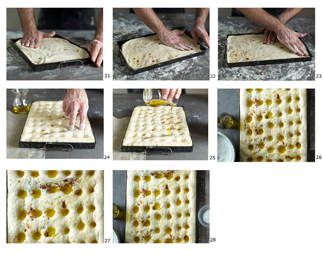 Preparing focaccia with olive oil