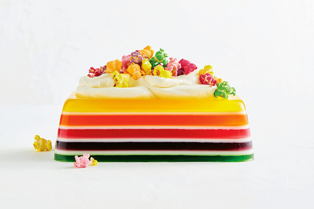 Rainbow popcorn jelly dessert
