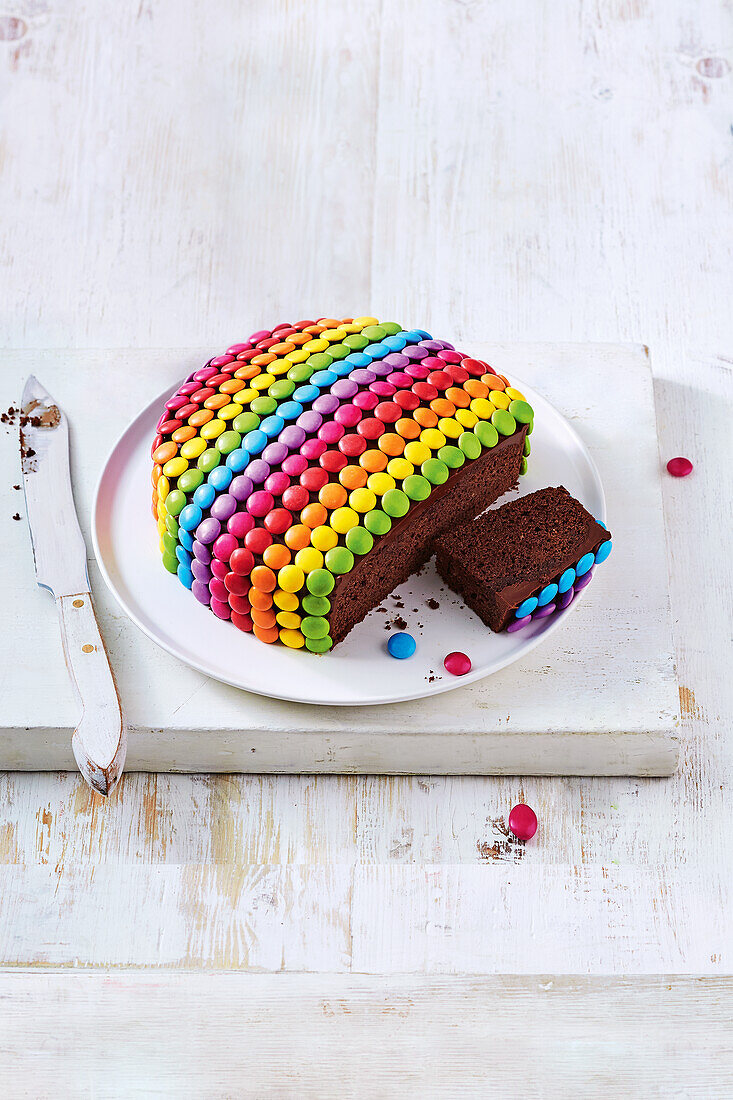 Chocolate cake with colorful chocolate candies