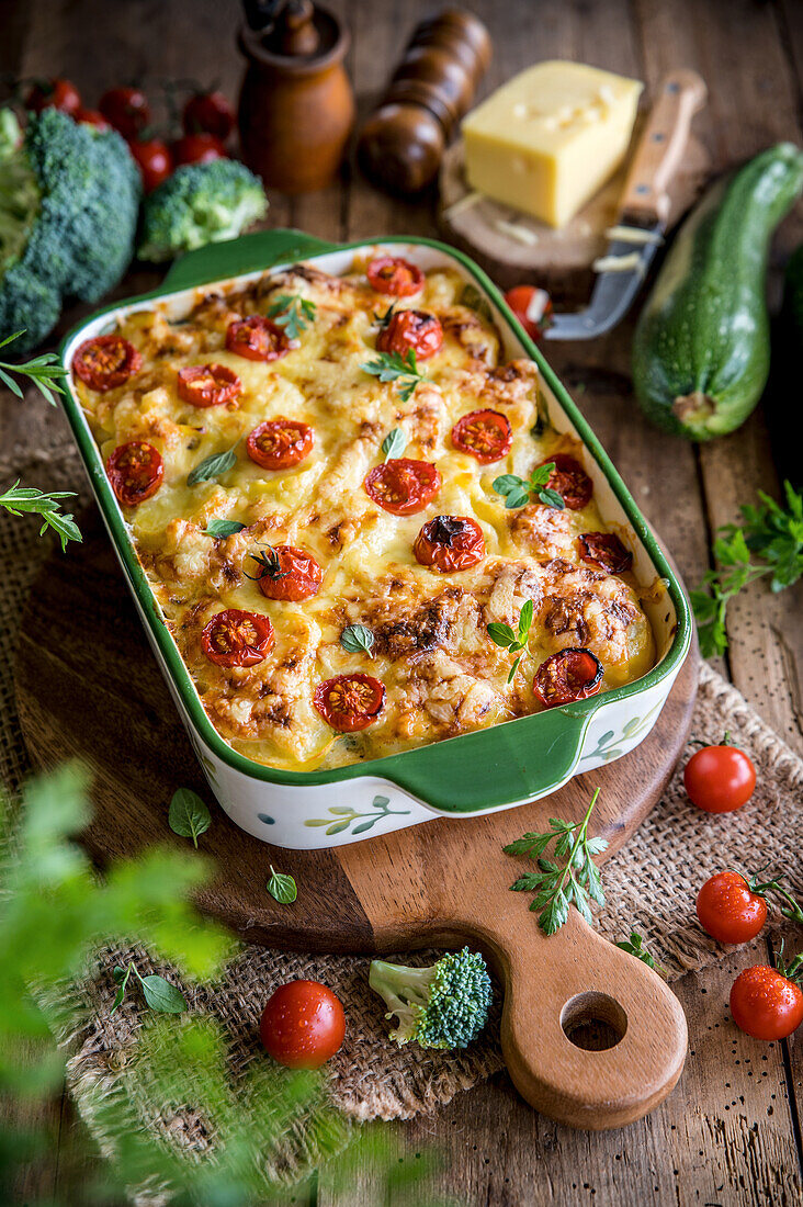 Vegetable casserole with grainy cream cheese, courgettes and tomatoes