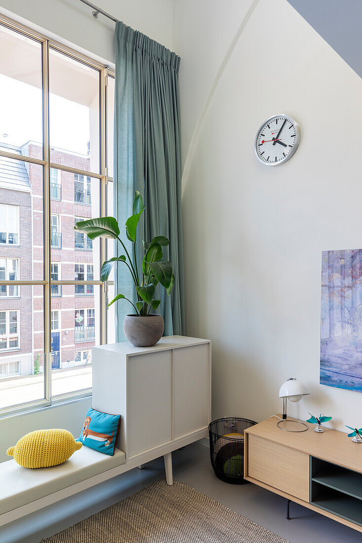 Room with high ceiling, potted plant and large window front