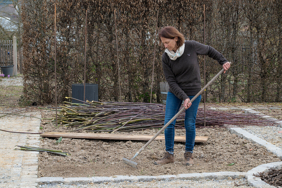 Creating a vegetable bed with a wicker wall for climbing plants