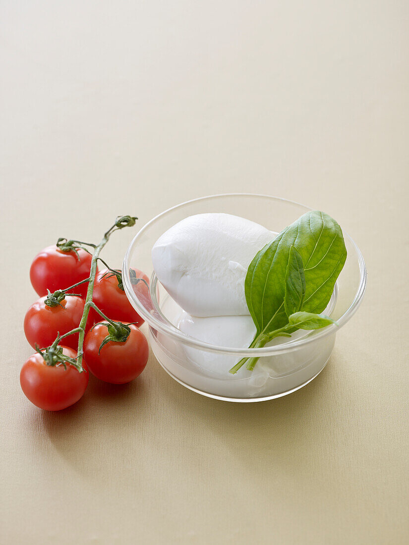 Cherry tomatoes, mozzarella and basil