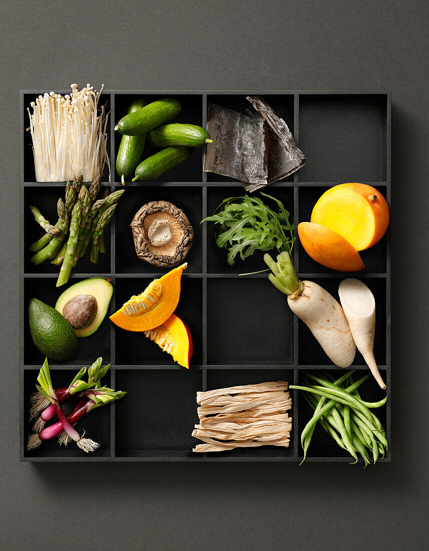 Tray with vegetables, spices and herbs for sushi