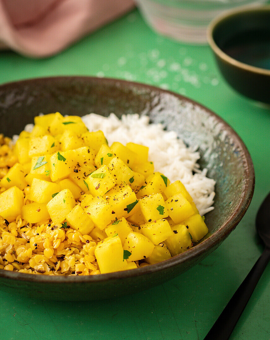 Ayurvedic basmati rice with lentil dal and turmeric celeriac