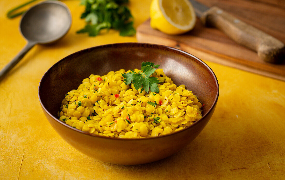 Ayurvedic yellow lentil stew with spices
