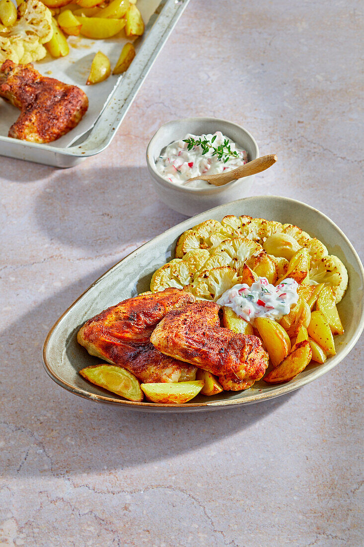 Chicken wings with potato wedges and cauliflower