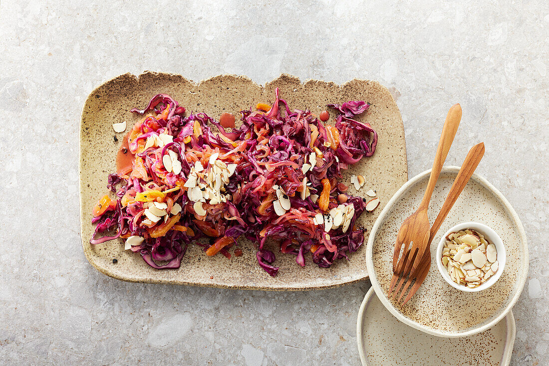 Red cabbage and apricot salad with tonka bean