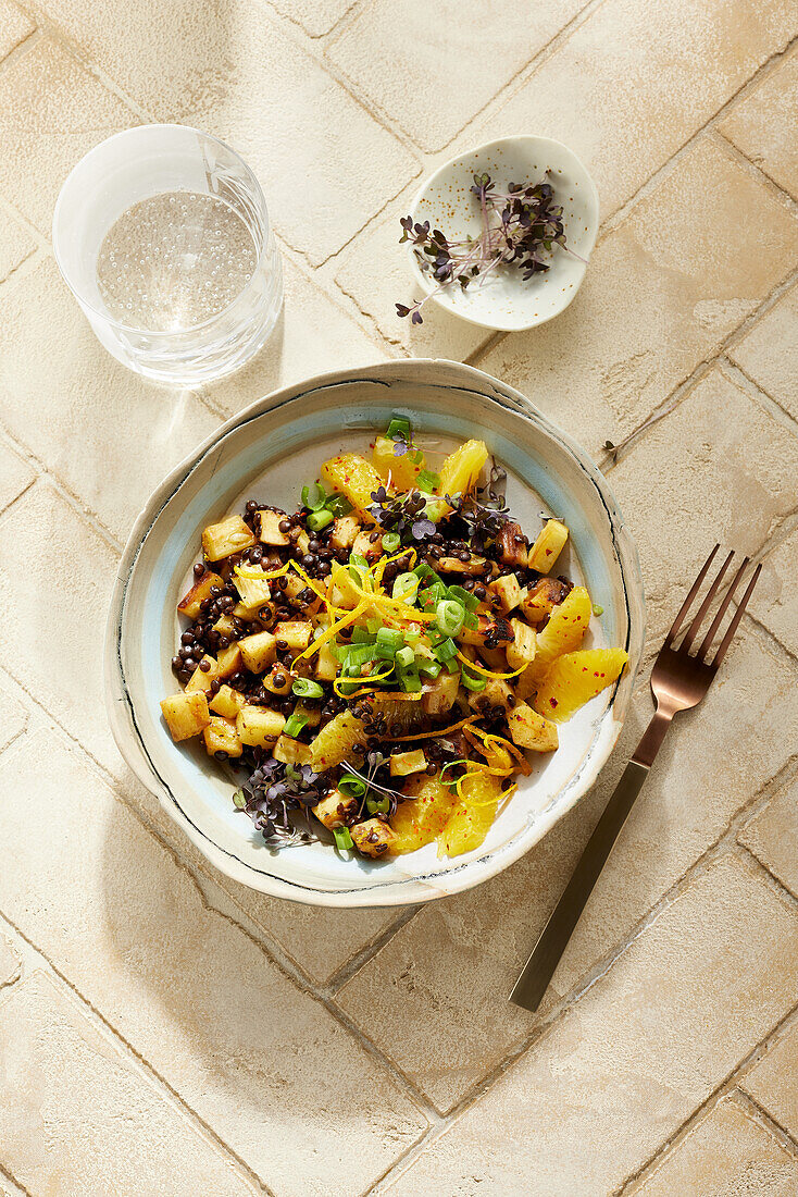 Vegan parsnip and Belgian lentil salad with oranges and daikon cress