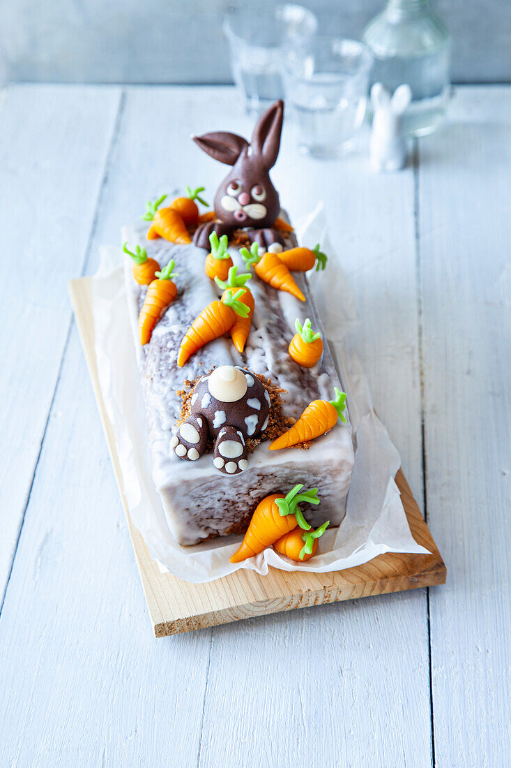 Easter carrot cake with marzipan carrots and chocolate bunnies