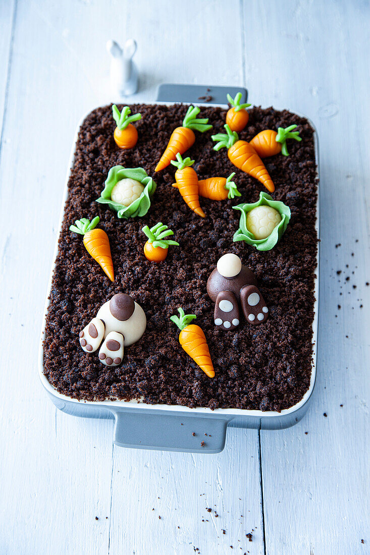 Easter tiramisu with marzipan carrots and a diving Easter bunny