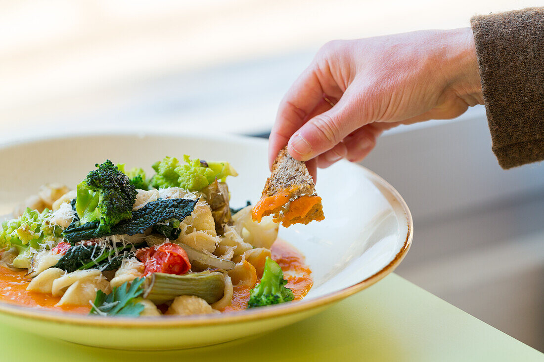 Orecchiette with black cabbage, beetroot and sun-dried tomatoes