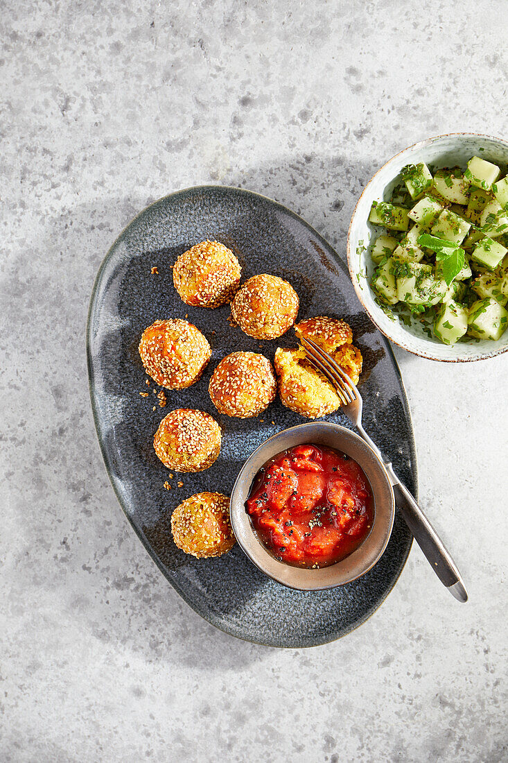 Vegan lentil balls with cucumber salad and tomato sauce