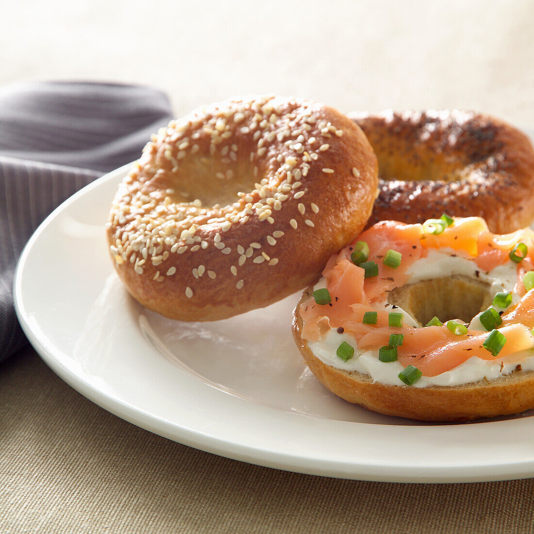 American bagel with cream cheese and salmon