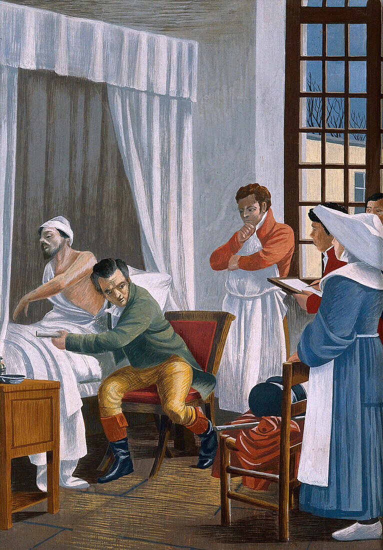 Doctor examining patient with tuberculosis, 19th century illustration