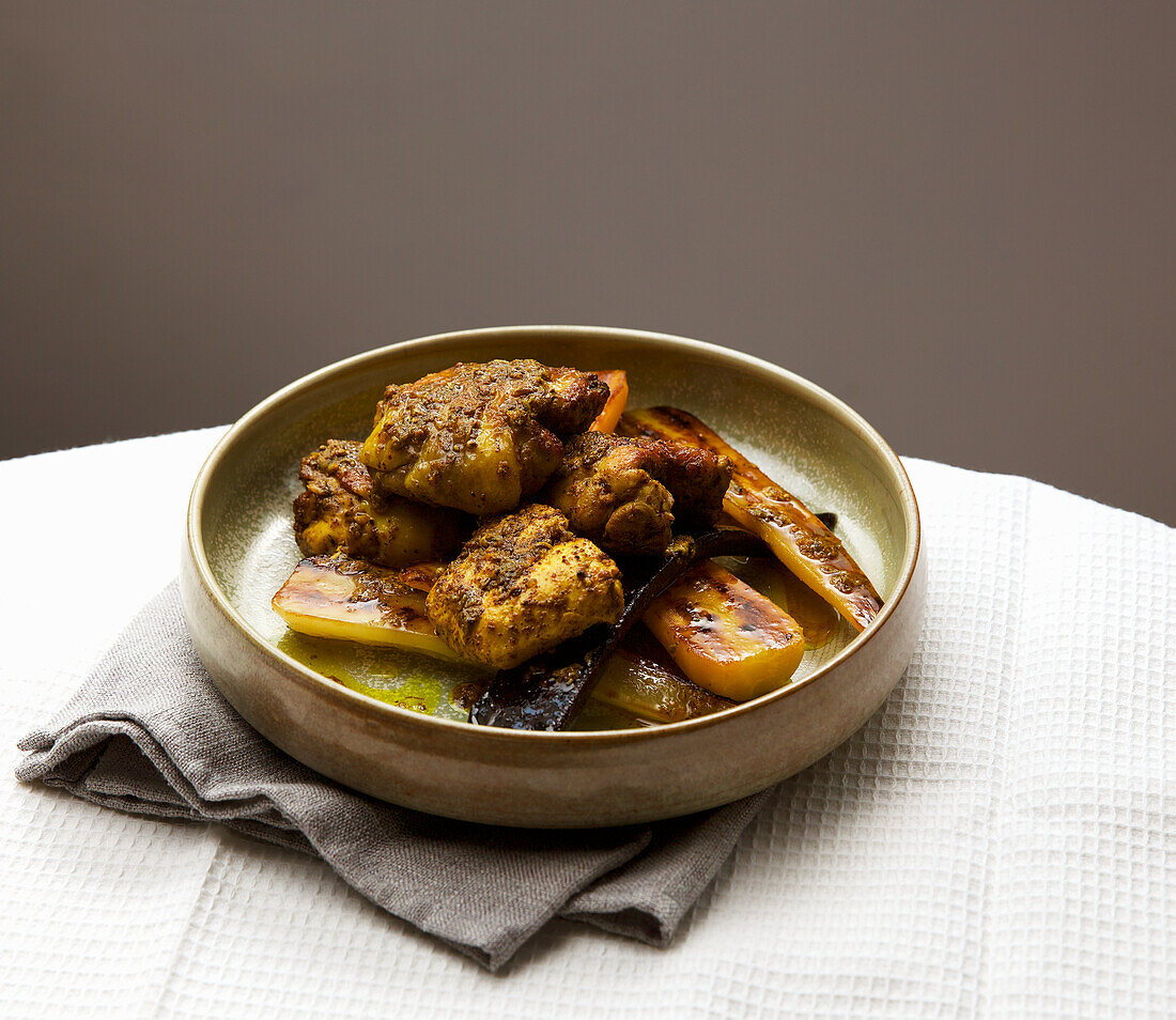 Saffron chicken with roasted root vegetables