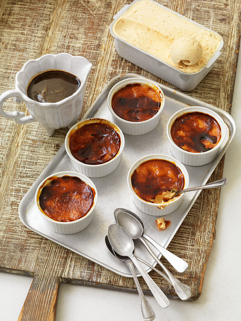 Sticky toffee pudding crème brûlée with miso walnut ice cream