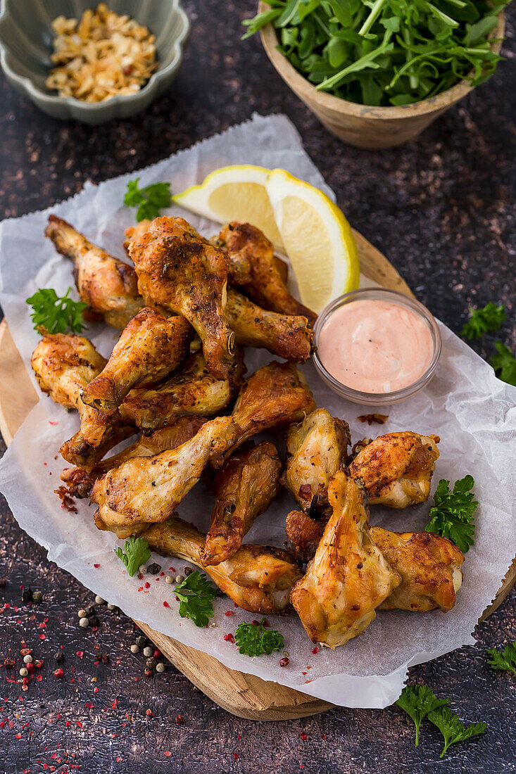 Fried chicken wings with cocktail sauce