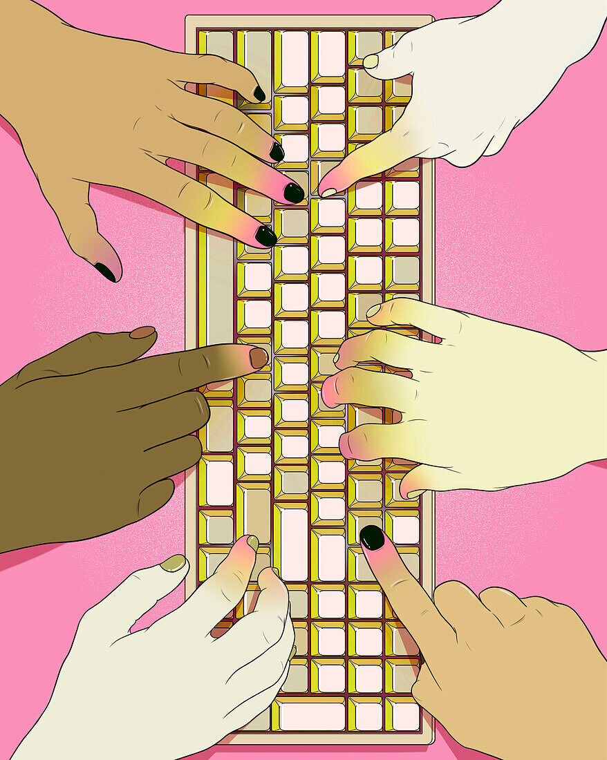 Diverse people typing on keyboard, illustration